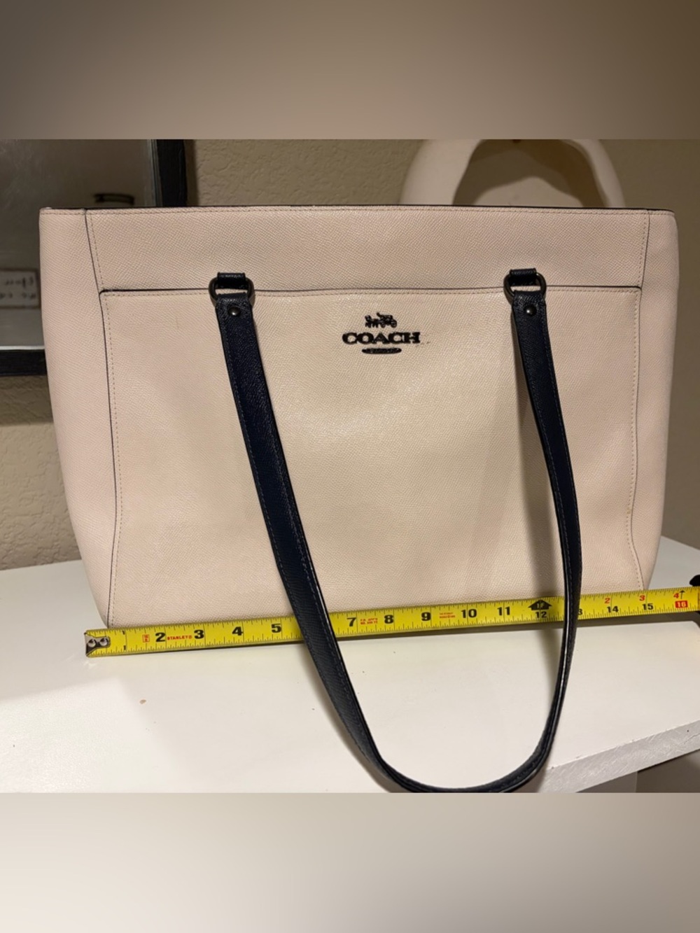 Coach Addison Tote Laptop Bag Chalk Ivory Navy Crossgrain Leather Work Carryall - Picture 3 of 10